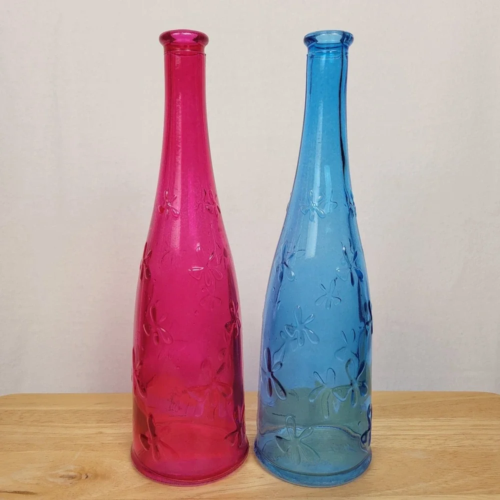 VTG 90s IKEA Emma Dafnas Marilyn Glass Bottle Vases Set‎ of 2 Pink Blue Retired